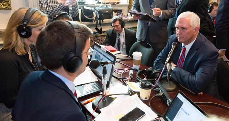 October 17, 2017 - Washington, DC, United States of America - U.S. Vice President Mike Pence speaks with conservative radio talkshow hosts as the White House hosts a talk radio row in the Old Executive Office Building October 17, 2017 in Washington, DC. The Trump administration is hoping to appeal directly to his grassroots through conservative talk radio to push for his tax reform program. Copyright: xWhitexHousex