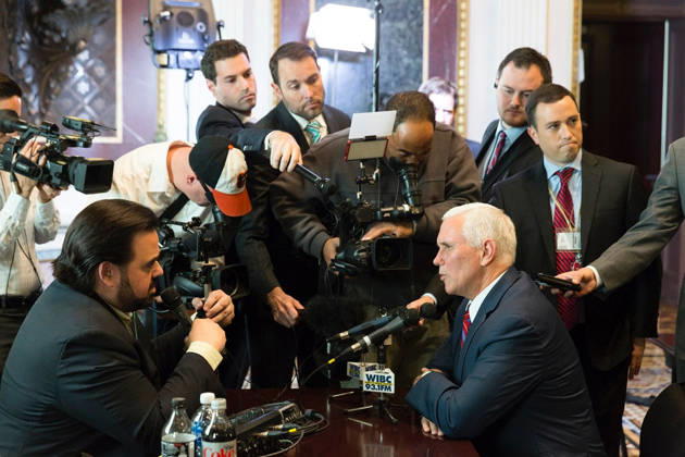 October 17, 2017 - Washington, DC, United States of America - U.S. Vice President Mike Pence speaks with conservative radio talkshow host Tony Katz, left, as the White House hosts a talk radio row in the Old Executive Office Building October 17, 2017 in Washington, DC. The Trump administration is hoping to appeal directly to his grassroots through conservative talk radio to push for his tax reform program. Copyright: xWhitexHousex