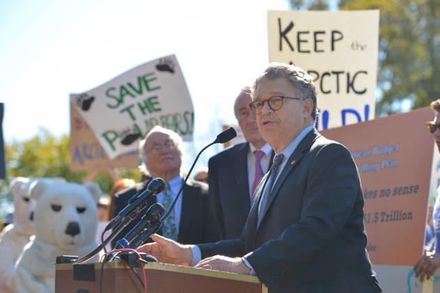 October 17, 2017 - Washington, DC, United States of America - U.S. Sen. Al Franken of Minnesota, alongside fellow Democratic senators speaks during a rally opposing oil and gas drilling in the Arctic National Wildlife Refuge on the east lawn of the Capitol October 17, 2017 in Washington, DC. Copyright: xUsxSenatex