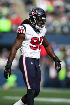 October 29, 2017: Houston Texans defensive end Jadeveon Clowney (90) walks back to the huddle during a game between the Houston Texans and the Seattle Seahawks at CenturyLink Field in Seattle, WA on October 29, 2017. The Seahawks defeated the Texans 41-38. Sean Brown CSM Copyright: xSeanxBrownx