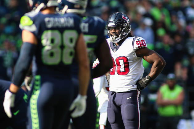 October 29, 2017: Houston Texans defensive end Jadeveon Clowney (90) watches the Seahawks offense during a game between the Houston Texans and the Seattle Seahawks at CenturyLink Field in Seattle, WA on October 29, 2017. The Seahawks defeated the Texans 41-38. Sean Brown CSM Copyright: xSeanxBrownx