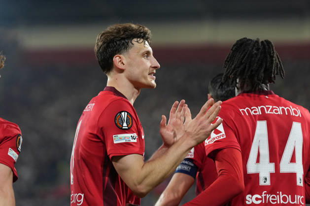 Maximilian Eggestein SC Freiburg, 08 goal celebration, emotions, goal shot, finish, goal success, goal, goal , Germany, football, UEFA Europa League, semi-final, second leg, 2025 2026, SC Freiburg vs SC Braga, 07 05 2026, Europa Park Stadion, Freiburg Europa Park Stadion Baden Württemberg Germany Copyright: xArnexAmbergx