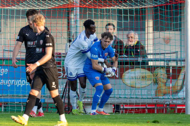 Soccer Mens Regionalliga Bayern Season 2025 2026 33 Matchday 08 05 2026 TSV Buchbach Viktoria Aschaffenburg SMR Arena Hady Kallo L of SV Viktoria Aschaffenburg argues with Marcel Brinkmann of TSV Buchbach Buchbach SMR Arena Bavaria Germany