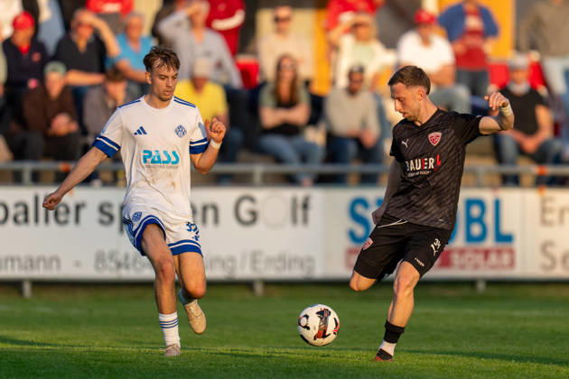 Soccer Men Regionalliga Bayern Season 2025 2026 33 Matchday 08 05 2026 TSV Buchbach Viktoria Aschaffenburg SMR Arena Matvey Obolkin L of SV Viktoria Aschaffenburg in a duel with Albano Gashi R of TSV Buchbach Buchbach SMR Arena Bavaria Germany