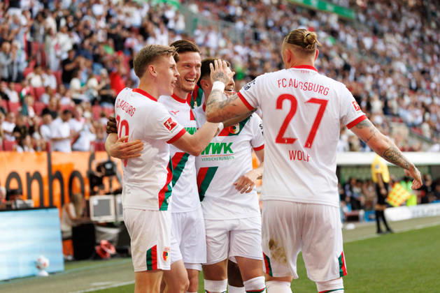 Team FC Augsburg Goal for 1 0 at the match between FC Augsburg v Borussia Mönchengladbach, Soccer, Men, Bundesliga, 2025 2026, 33 Matchday on 09 05 2026 in Augsburg, WWK ARENA DFL and DFB regulations prohibit any use of photographs as image sequences and or quasi video Bayern Germany