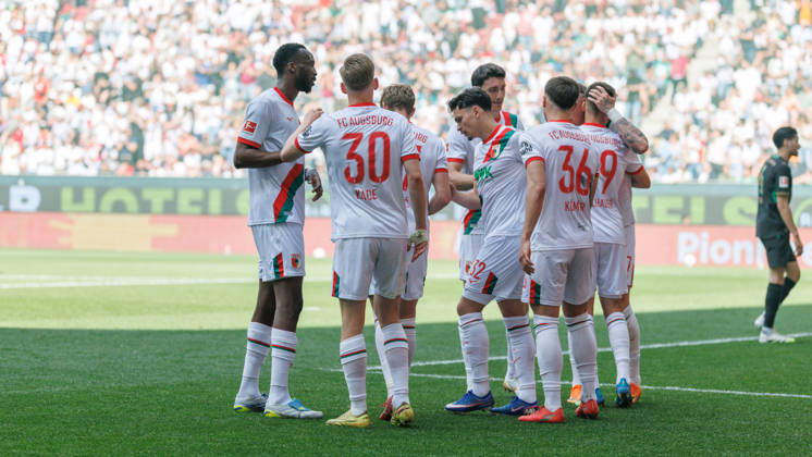 Team FC Augsburg Goal for 2 0 at the match between FC Augsburg v Borussia Mönchengladbach, Soccer, Men, Bundesliga, 2025 2026, 33 Matchday on 09 05 2026 in Augsburg, WWK ARENA DFL and DFB regulations prohibit any use of photographs as image sequences and or quasi video Bayern Germany
