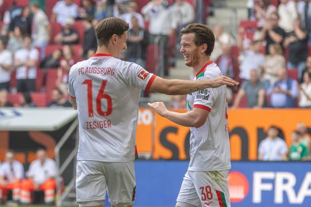 Cedric Zesiger FC Augsburg and Michael Gregoritsch FC Augsburg v l, FC Augsburg vs Borussia Moenchengladbach, Football, 1 Bundesliga, 33 Matchday, 09 05 2026 DFB regulations prohibit any use of photographs as image sequences and or quasi video Copyright: xkolbert-press PeterxFastlx