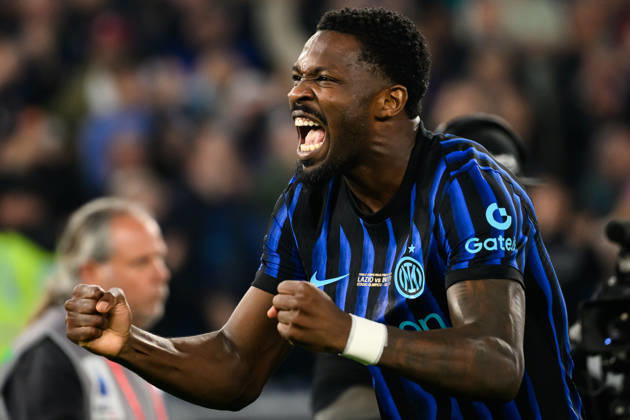 Marcus Thuram of FC Internazionale celebrates after scoring the goal of 0-1 during the 2025 2026 Coppa Italia football final between SS Lazio and FC Internazionale at Stadio Olimpico in Rome (Italy), May 13, 2026. AndreaxStaccioli