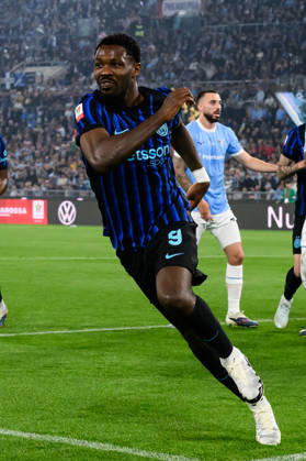 Marcus Thuram of FC Internazionale celebrates after scoring the goal of 0-1 during the 2025 2026 Coppa Italia football final between SS Lazio and FC Internazionale at Stadio Olimpico in Rome (Italy), May 13, 2026. AndreaxStaccioli