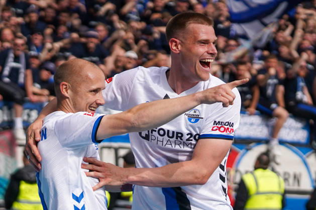 Germany Soccer 2 Liga 2025 2026, Matchday 34 SV Darmstadt 98 vs SC Paderborn 07 Merck Stadion am Böllenfalltor Darmstadt Sven Michel SCP, 11 Goal and goal celebration for 0 2 for SC Paderborn 07 with Steffen Tigges SCP, 27 Copyright: xTobiasxWentzellx