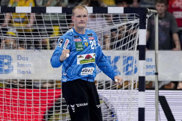 David Späth Goalkeeper, RNL, 29 , single picture, single photo, action, action, cheer, cheering, celebration, joy, rejoice, rejoicing, confident, optimistic, positive, game scene, 24 05 2026, Mannheim Germany , Handball, Bundesliga, Rhein Neckar Löwen SC Magdeburg xozx