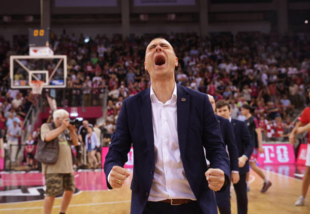 Coach Marko Stankovic Telekom Baskets Bonn celebrating after victory against Fitness First Würzburg Wuerzburg Baskets Playoffs Quarterfinals Game 5 Season 2025 26