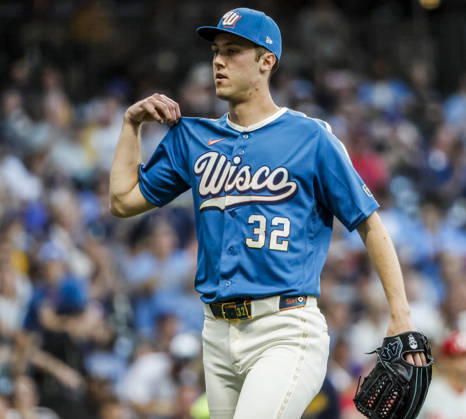 Milwaukee Brewers starting pitcher Jacob Misiorowski walks to the dugout after striking out Philadelphia Phillies center fielder Justin Crawford in the sixth inning of the MLB, Baseball Herren, USA game between the Philadelphia Phillies and the Milwaukee Brewers at American Family Field in Milwaukee, Wisconsin on Friday, June 12, 2026.  MIL20260612825 TANNENxMAURY