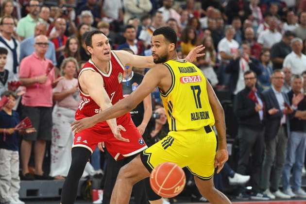 Johannes VOIGTMANN FCB , action,duel against Norris AGBAKOKO Berlin Basketball BBL,Season 2025 2026 Play Off Final Game 2, FC Bayern Muenchen Alba Berlin on 14 06 2026 S A P G A R D EN