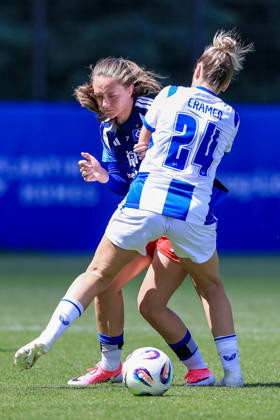 From left: Camilla Linberg (Hamburger SV, HSV), 7, and Jennifer Cramer (Hertha BSC), 24, in a one-on-one battle, duel, dynamic moment, action, game scene, July 11, 2026, Hamburg, Germany, soccer, women s friendly match, Hamburger SV vs. Hertha BSC xobx