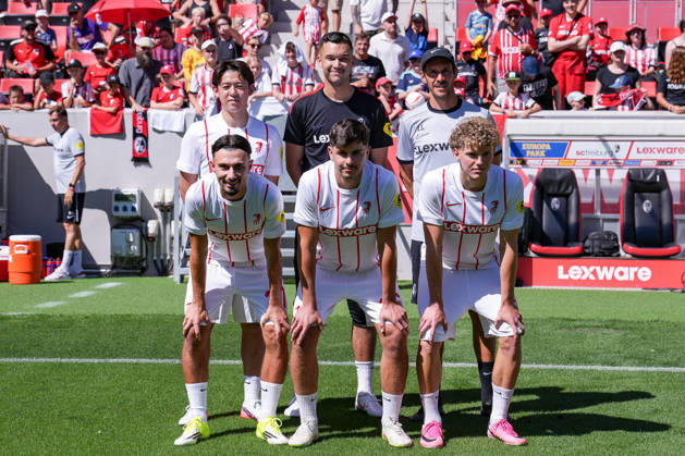 Julian Schuster, SC Freiburg, coach with new signings Rihito Yamamoto, SC Freiburg, 20, Mio Backhaus, SC Freiburg, Berkay Yilmaz, SC Freiburg, 27, Karl Steinmann, SC Freiburg, 36, and Rouven Tarnutzer, SC Freiburg, 39, fans in the background, Germany, soccer, Bundesliga 1, 2026–2027, SC Freiburg, public training session, July 12, 2026, Europa-Park Stadium, Freiburg, Freiburg, Europa-Park Stadium, Baden-Württemberg, Germany Copyright: xArnexAmbergx
