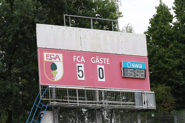 Final score on the scoreboard: 5–0, FC Augsburg vs. BFV Schwaben Select, Soccer, Bundesliga 1, Friendly, 2026–27 Season, July 18, 2026, Augsburg, Bavaria, Germany Copyright: xkolbert-press ChristianxKolbertx