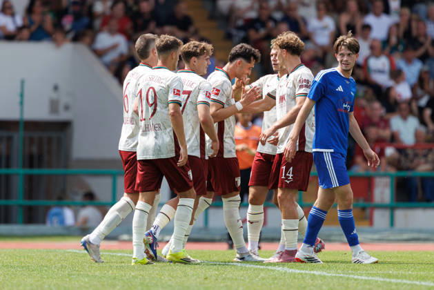 FC Augsburg scores the 1-0 goal in the match between FC Augsburg and the BFV Schwaben All-Star Team, soccer, men s, Bundesliga, 2026–2027, friendly match on July 18, 2026, in Augsburg, Rosenaustadion, Bavaria, Germany