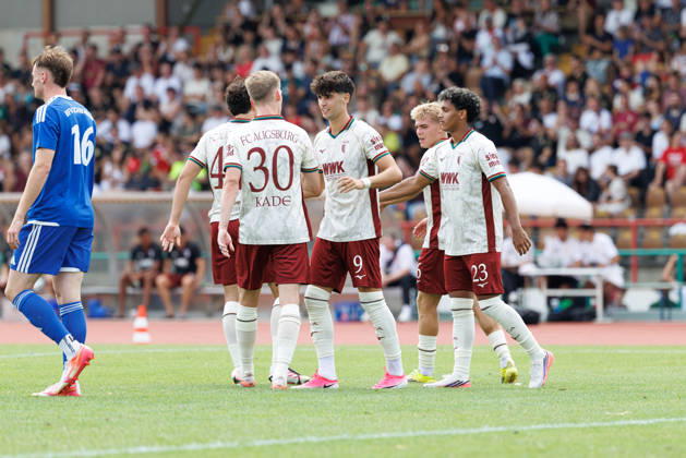 FC Augsburg scores the 3-0 goal in the match between FC Augsburg and the BFV Schwaben All-Star Team, soccer, men s, Bundesliga, 2026–2027, friendly match on July 18, 2026, in Augsburg, Rosenaustadion, Bavaria, Germany