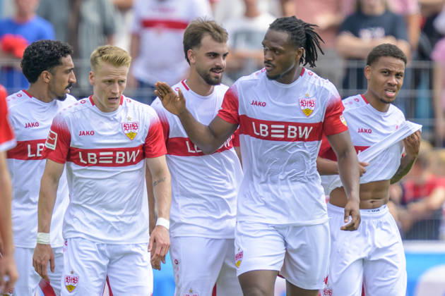 In the photo, from left: goal, score, celebration, goal celebration, joy, excitement, celebrating, after the 0–3 goal by Chris Fuehrich 10, VFB Stuttgart, GER, Balingen Soccer, Friendly Match, TSG Balingen vs. VfB Stuttgart at the Bizerba Arena in Balingen, July 19, 2026, DFB and DFL regulations prohibit any use of photographs as image sequences and or quasi-video, Copyright: HMBxMedia UwexKoch