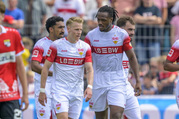 In the photo, from left: goal, score, celebration, goal celebration, joy, excitement, celebrating, after the 0–3 goal by Chris Fuehrich 10, VFB Stuttgart, GER, Balingen Soccer, Friendly Match, TSG Balingen vs. VfB Stuttgart at the Bizerba Arena in Balingen, July 19, 2026, DFB and DFL regulations prohibit any use of photographs as image sequences and or quasi-video, Copyright: HMBxMedia UwexKoch