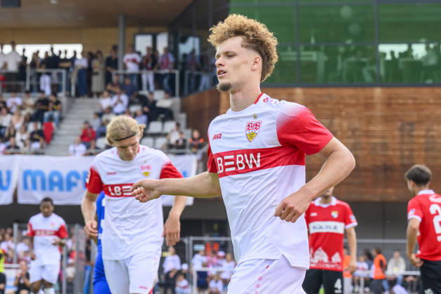In the photo, from left: goal, score, celebration, goal celebration, joy, excitement, celebrating, by Lazar Jovanovic 45, VFB Stuttgart, Ivo Colic 31, TSG Balingen, tackle, action, battle, fighting for the ball, goal, GER, Balingen soccer, friendly match, TSG Balingen vs. VfB Stuttgart July 19, 2026, DFB and DFL regulations prohibit any use of photographs as image sequences and or quasi-video, Copyright: HMBxMedia UwexKoch
