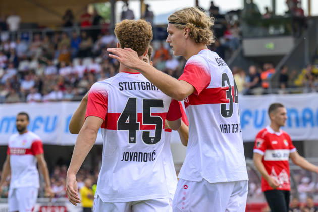 In the photo, from left: goal, score, celebration, goal celebration, joy, excitement, celebrating, by Lazar Jovanovic 45, VFB Stuttgart, Ivo Colic 31, TSG Balingen, tackle, action, battle, fighting for the ball, goal, GER, Balingen soccer, friendly match, TSG Balingen vs. VfB Stuttgart July 19, 2026, DFB and DFL regulations prohibit any use of photographs as image sequences and or quasi-video, Copyright: HMBxMedia UwexKoch