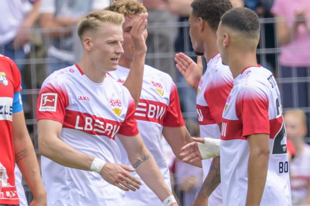 In the photo, from left: goal, score, celebration, goal celebration, joy, excitement, celebrating, after the 0-3 goal by Chris Fuehrich 10, VFB Stuttgart, GER, Balingen Soccer, Friendly Match, TSG Balingen vs. VfB Stuttgart at the Bizerba Arena in Balingen, July 19, 2026, DFB and DFL regulations prohibit any use of photographs as image sequences and or quasi-video, Copyright: HMBxMedia UwexKoch