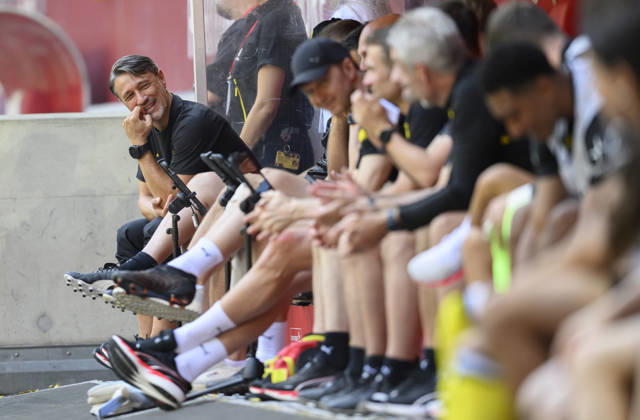 Coach Niko Kovac of Borussia Dortmund laughing on the sidelines, gesturing, during a soccer friendly between Fortuna Düsseldorf and Borussia Dortmund on July 25, 2026, at the Merkur Spiel Arena in Düsseldorf, Germany