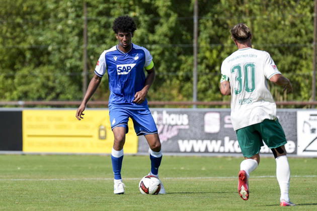 From left: Bernardo Fernandes da Silva Junior (Hoffenheim), 13; Felix Klaus (Fürth), 30; Action, Game Scene, July 25, 2026, Zuzenhausen, Germany, soccer, friendly match, TSG 1899 Hoffenheim vs. SpVgg Greuther Fürth, DFB and DFL regulations prohibit any use of photographs as image sequences and or quasi-video xozx
