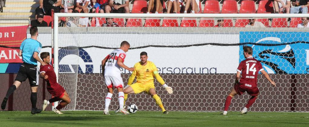 July 29, 2026 xmgoodx Offenbach am Main, Pluto Stadium at Bieberer Berg Anniversary Match: Kickers Offenbach OFC vs. VfB Stuttgart Goal to make it 0–1 by Chris Führich (VfB) against goalkeeper Johannes Brinkies 1, OFC