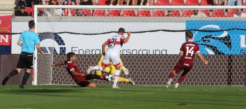 July 29, 2026 xmgoodx Offenbach am Main, Pluto Stadium at Bieberer Berg Anniversary Match: Kickers Offenbach OFC vs. VfB Stuttgart Goal to make it 0–1 by Chris Führich (VfB) against goalkeeper Johannes Brinkies 1, OFC