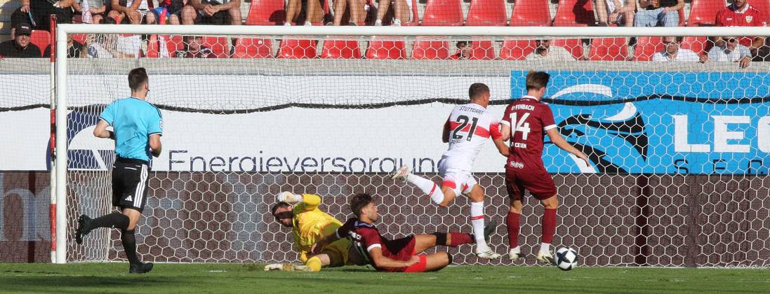 July 29, 2026 xmgoodx Offenbach am Main, Pluto Stadium at Bieberer Berg Anniversary Match: Kickers Offenbach OFC vs. VfB Stuttgart Goal to make it 0–1 by Chris Führich (VfB) against goalkeeper Johannes Brinkies 1, OFC