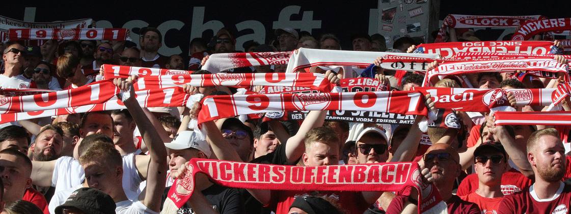 July 29, 2026 xmgoodx Offenbach am Main, Pluto Stadium at Bieberer Berg Anniversary Match: Kickers Offenbach OFC vs. VfB Stuttgart Fans from Offenbach wearing scarves