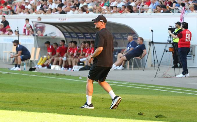 July 29, 2026 xmgoodx Offenbach am Main, Pluto Stadium at Bieberer Berg Anniversary Match: Kickers Offenbach OFC vs. VfB Stuttgart Coach Sebastian Hoeneß VfB Stuttgart repairs the field