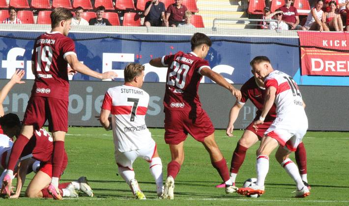 July 29, 2026 xmgoodx Offenbach am Main, Pluto Stadium at Bieberer Berg Anniversary Match: Kickers Offenbach OFC vs. VfB Stuttgart Jelle Goselink 19, OFC and against Dominik Crljenec 20, OFC against Maximilian Mittelstädt and Chris Führich VfB