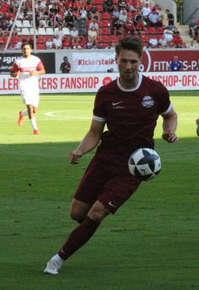 July 29, 2026 xmgoodx Offenbach am Main, Pluto Stadium at Bieberer Berg Anniversary Match: Kickers Offenbach OFC vs. VfB Stuttgart Free kick by Benedikt von Hagen 17, OFC