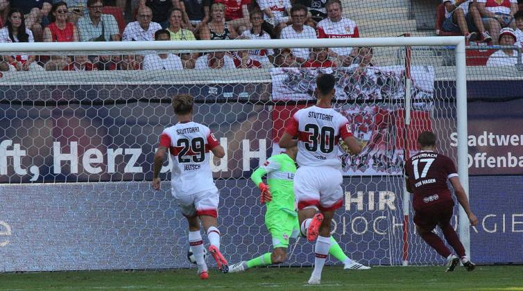 July 29, 2026 xmgoodx Offenbach am Main, Pluto Stadium at Bieberer Berg Anniversary Match: Kickers Offenbach OFC vs. VfB Stuttgart Goal to make it 1–3 by Benedikt von Hagen in the 17th minute; OFC goalkeeper Fabian Bredlow defeated VfB