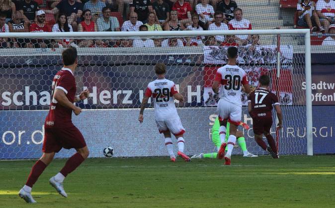 July 29, 2026 xmgoodx Offenbach am Main, Pluto Stadium at Bieberer Berg Anniversary Match: Kickers Offenbach OFC vs. VfB Stuttgart Goal to make it 1–3 by Benedikt von Hagen in the 17th minute; OFC goalkeeper Fabian Bredlow defeated VfB