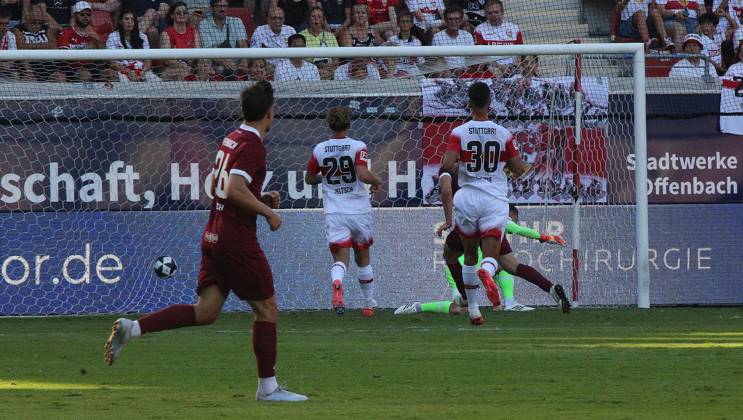 July 29, 2026 xmgoodx Offenbach am Main, Pluto Stadium at Bieberer Berg Anniversary Match: Kickers Offenbach OFC vs. VfB Stuttgart Goal to make it 1–3 by Benedikt von Hagen in the 17th minute; OFC goalkeeper Fabian Bredlow defeated VfB