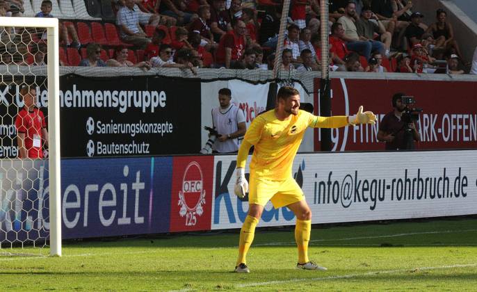 July 29, 2026 xmgoodx Offenbach am Main, Pluto Stadium at Bieberer Berg Anniversary Match: Kickers Offenbach OFC vs. VfB Stuttgart Goalkeeper Johannes Brinkies 1, OFC