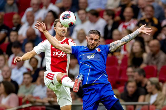 AMSTERDAM: AFC Ajax Amsterdam midfielder Youri Regeer and FK Vojvodina forward Aleksa Vukanovic during the Conference League match between AFC Ajax and FK Vojvodina at the Johan Cruijff ArenA on July 30, 2026, in Amsterdam, the Netherlands. Photo by DeFodi Images