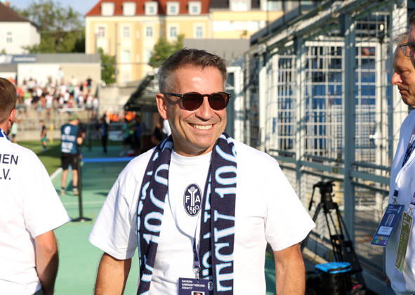 Soccer, Men s, Bavarian Regional League, 2026–2027 Season, TSV 1860 Munich vs. FC Augsburg II, Grünwalder Stadium; Gernot Mang, President of TSV 1860 Munich; head and upper body, smiling while wearing a fan scarf