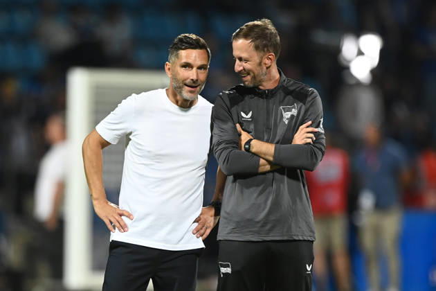 Victory celebration, cheering, joy, cheers, Head Coach Stefan LEITL B and Assistant Coach Andreas SCHUMACHER B, Soccer, 2. Bundesliga, Matchday 1, VfL Bochum BO vs. Hertha BSC Berlin B 0–1 on August 7, 2026, at the Vonovia Ruhrstadion in Bochum, Germany. DFL regulations prohibit any use of photographs as image sequences and or quasi-video.