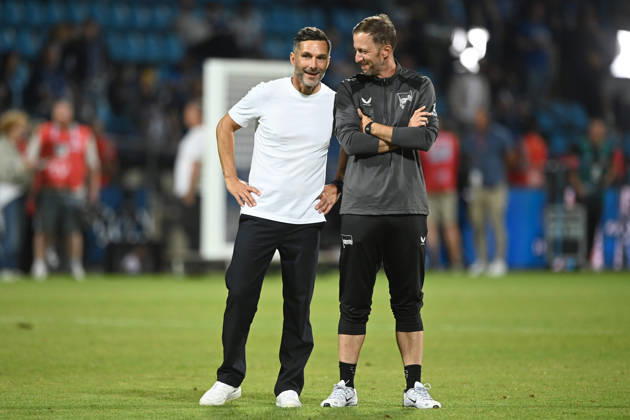 Victory celebration, cheering, joy, cheers, Head Coach Stefan LEITL B and Assistant Coach Andreas SCHUMACHER B, Soccer, 2. Bundesliga, Matchday 1, VfL Bochum BO vs. Hertha BSC Berlin B 0–1 on August 7, 2026, at the Vonovia Ruhrstadion in Bochum, Germany. DFL regulations prohibit any use of photographs as image sequences and or quasi-video.