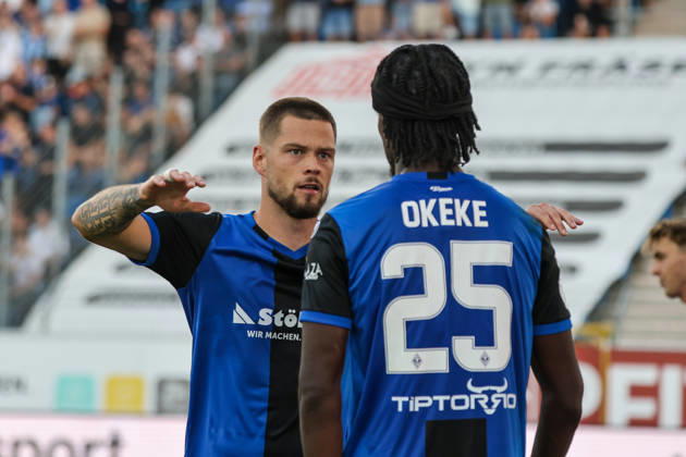Julian Ulbricht, SV Waldhof Mannheim, No. 10, scorer of the 2-0 goal; goal celebration, gestures, joy, emotions with Jid Okeke, SV Waldhof Mannheim, No. 25; soccer, 3. Liga, Matchday 1, SV Waldhof Mannheim vs. Fortuna Düsseldorf on August 7, 2026, at the Carl Benz Stadium in Mannheim, Germany; Mannheim, Carl Benz Stadium, Germany Copyright: xFranzxReindelx
