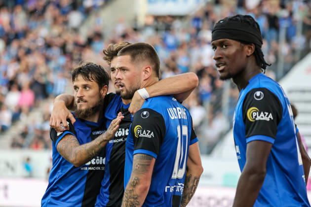 Julian Ulbricht, SV Waldhof Mannheim, No. 10, scorer of the 2-0 goal; goal celebration, gestures, joy, emotions with Vincent Thill, SV Waldhof Mannheim, No. 12, and Jid Okeke, SV Waldhof Mannheim, No. 25; Soccer, 3rd Division, Matchday 1, SV Waldhof Mannheim vs. Fortuna Düsseldorf on August 7, 2026, at Carl Benz Stadium in Mannheim, Germany; Carl Benz Stadium, Mannheim, Germany Copyright: xFranzxReindelx