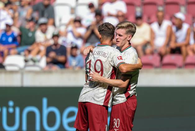 Goal celebration by Robin Fellhauer (19, FC Augsburg) and Anton Kade (30, FC Augsburg) after the equalizer (2–2), FC Augsburg vs. US Sassuolo Calcio, Soccer, Bundesliga 1, Friendly Match, 2026–27 Season, August 8, 2026, Augsburg, Bavaria, Germany Copyright: xkolbert-press ChristianxKolbertx