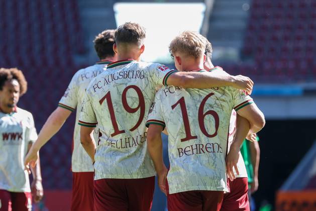 Goal celebration by Robin Fellhauer (19, FC Augsburg) and Hennes Behrens (16, FC Augsburg) after the 3-2 goal, FC Augsburg vs. US Sassuolo Calcio, Soccer, Bundesliga 1, Friendly Match, 2026-27 Season, August 8, 2026, Augsburg, Bavaria, Germany Copyright: xkolbert-press ChristianxKolbertx