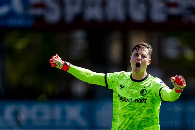 ROTTERDAM SC Feyenoord Rotterdam goalkeeper Tjark Ernst celebrates the 0–1 goal during the Vriendenloterij Eredivisie match between Sparta and Feyenoord at Stadion Het Kasteel on August 9, 2026, in Rotterdam, the Netherlands. Photo by DeFodi Images